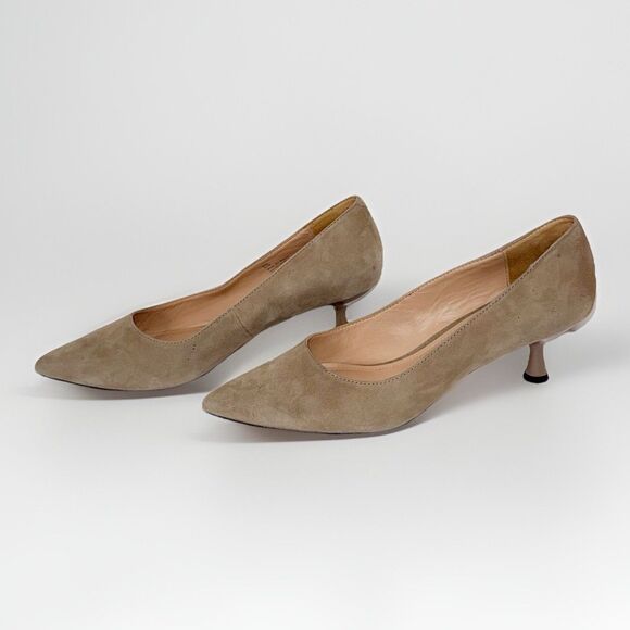 Donald Pliner Kitten Heel Pumps Suede Leather Beige Pointed Toe Neutral 6.5 - Picture 3 of 14